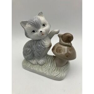 Vintage Glazed Porcelain Kitten/Cat Figurine Snail Mushroom Hand Painted Details